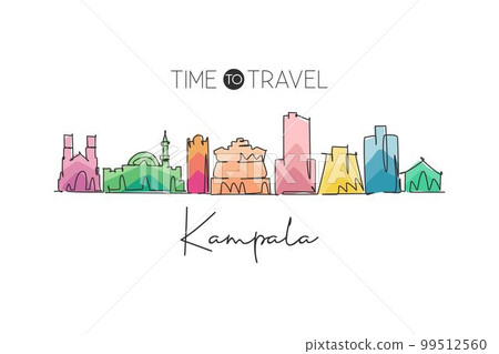 One continuous line drawing of Kampala skyline, Uganda. Beautiful city landmark postcard print. World landscape tourism and travel. Editable stylish stroke single line draw design vector illustration One continuous line drawing of Kampala skyline, Uganda. Beautiful city landmark postcard print. World landscape tourism and travel. Editable stylish stroke single line draw design vector illustration 99512560