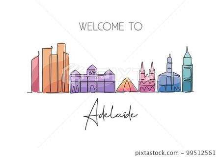 One single line drawing Adelaide city skyline, Australia. Historical town landscape. Best holiday destination home wall decor poster print art. Trendy continuous line draw design vector illustration One single line drawing Adelaide city skyline, Australia. Historical town landscape. Best holiday destination home wall decor poster print art. Trendy continuous line draw design vector illustration 99512561