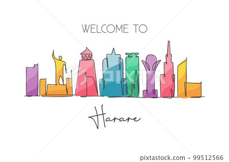 Single continuous line drawing of Harare city skyline, Zimbabwe. Famous city scraper landscape home decor wall art poster print. World travel concept. Modern one line draw design vector illustration 99512566