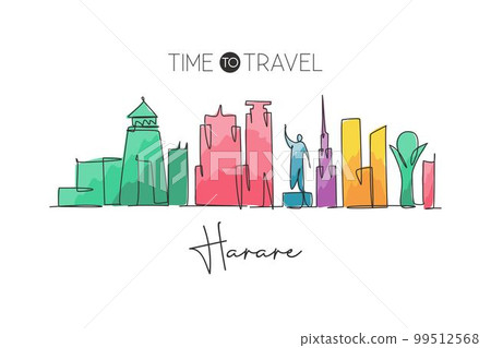 One single line drawing of city Harare skyline, Zimbabwe. Historical place landscape in world postcard. Best holiday destination. Editable stroke trendy continuous line draw design vector illustration 99512568