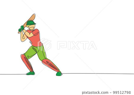 One continuous line drawing of young happy man cricket player standing to practice bat swing vector illustration. Competitive sport concept. Dynamic single line draw design for advertisement poster 99512798