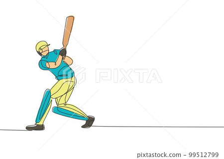 Single continuous line drawing of young agile man cricket player practicing hit the ball at field vector illustration. Sport exercise concept. Trendy one line draw design for cricket promotion media 99512799