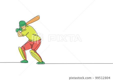 One single line drawing of young energetic man cricket player stance standing to practice hit ball vector illustration. Sport concept. Modern continuous line draw design for cricket competition banner 99512804