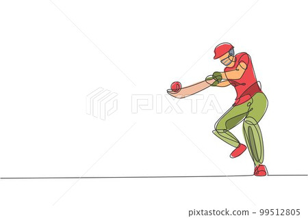 One continuous line drawing of young happy man cricket player focus to hit the ball hard vector illustration. Competitive sport concept. Dynamic single line draw design for sport advertisement poster 99512805