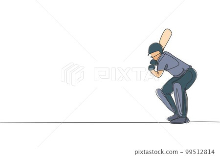 One continuous line drawing of young man cricket player stance standing to receive the ball from pitcher vector illustration. Sport concept. Dynamic single line draw design for advertisement poster One continuous line drawing of young man cricket player stance standing to receive the ball from pitcher vector illustration. Sport concept. Dynamic single line draw design for advertisement poster 99512814