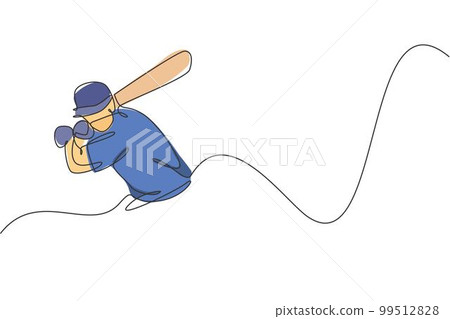 One single line drawing of young energetic man cricket player train to swing cricket bat at court vector illustration. Sport concept. Modern continuous line draw design for cricket competition banner 99512828