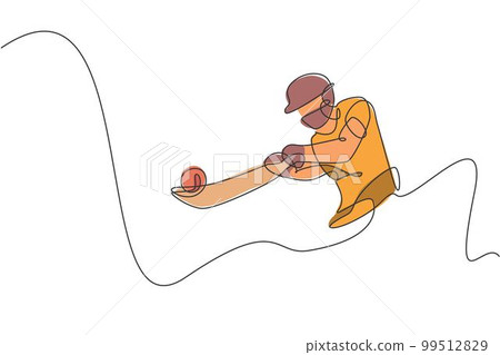 Single continuous line drawing young agile indian man cricket player hit the ball precisely vector graphic illustration. Sport exercise concept. Trendy one line draw design for cricket promotion media 99512829