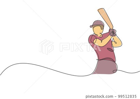Single continuous line drawing of young agile man cricket player practicing hit the ball at field vector illustration. Sport exercise concept. Trendy one line draw design for cricket promotion media 99512835