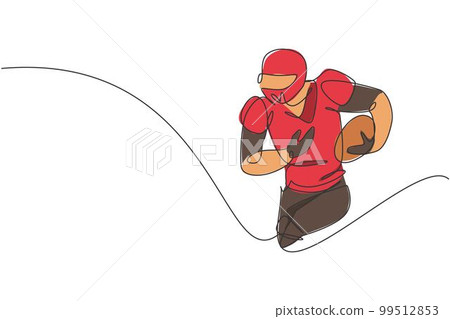 One single line drawing of young energetic man american football player run and hold the ball for league promotion. Sport competition concept. Modern continuous line draw design vector illustration 99512853