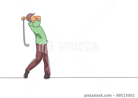 Single continuous line drawing of young happy golf player swing the golf club to hit the ball. Hobby sport concept. Trendy one line draw design vector illustration for golf tournament promotion media Single continuous line drawing of young happy golf player swing the golf club to hit the ball. Hobby sport concept. Trendy one line draw design vector illustration for golf tournament promotion media 99513001