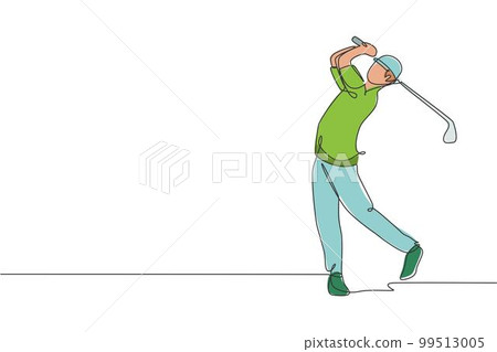 One single line drawing of young sporty golf player hit the ball using golf club graphic vector illustration. Healthy sport concept. Modern continuous line draw design for golf tournament poster One single line drawing of young sporty golf player hit the ball using golf club graphic vector illustration. Healthy sport concept. Modern continuous line draw design for golf tournament poster 99513005