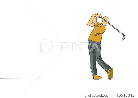 One single line drawing of young sporty golf player hit the ball using golf club vector illustration graphic. Healthy sport concept. Modern continuous line draw design for golf tournament poster One single line drawing of young sporty golf player hit the ball using golf club vector illustration graphic. Healthy sport concept. Modern continuous line draw design for golf tournament poster 99513012
