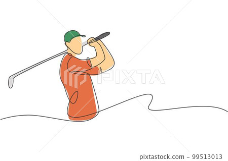 One continuous line drawing of young golf player swing golf club and hit the ball. Leisure sport concept. Dynamic single line draw design graphic vector illustration for tournament promotion media One continuous line drawing of young golf player swing golf club and hit the ball. Leisure sport concept. Dynamic single line draw design graphic vector illustration for tournament promotion media 99513013