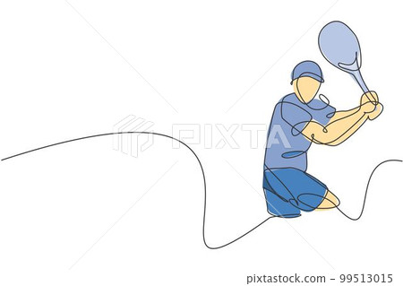 One single line drawing young energetic male tennis player hit the ball graphic vector illustration. Sport training concept. Modern continuous line draw design for tennis tournament banner and poster One single line drawing young energetic male tennis player hit the ball graphic vector illustration. Sport training concept. Modern continuous line draw design for tennis tournament banner and poster 99513015