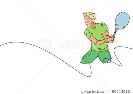 Single continuous line drawing of young agile tennis player hit the ball from opponent. Sport exercise concept. Trendy one line draw design vector illustration for tennis tournament promotion media Single continuous line drawing of young agile tennis player hit the ball from opponent. Sport exercise concept. Trendy one line draw design vector illustration for tennis tournament promotion media 99513016