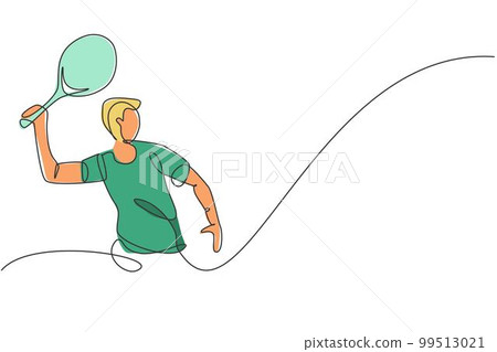 Single continuous line drawing of young agile tennis player hold the ball from opponent. Sport exercise concept. Trendy one line draw design vector illustration for tennis tournament promotion media 99513021