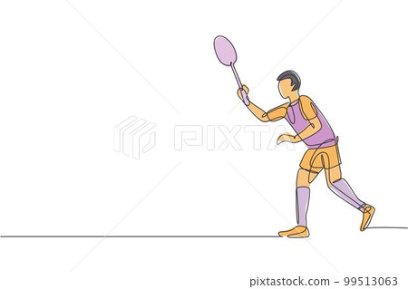 One continuous line drawing of young badminton player ready to take opponent serve. Sport exercise concept. Dynamic single line draw design vector illustration for tournament match promotion poster 99513063