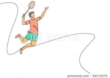 Single continuous line drawing of young agile badminton player jump and smash the ball. Sport exercise concept. Trendy one line draw design vector illustration for badminton tournament publication 99513070