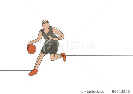 One continuous line drawing of young basketball player practicing and training at court field. Team sport concept. Dynamic single line draw design vector illustration for championship match poster One continuous line drawing of young basketball player practicing and training at court field. Team sport concept. Dynamic single line draw design vector illustration for championship match poster 99513290
