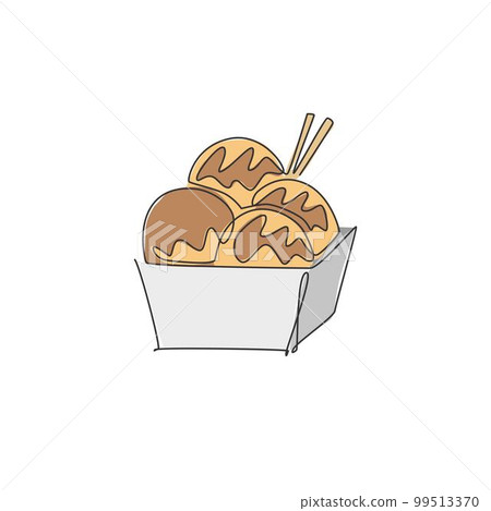 Single continuous line drawing of stylized Japanese takoyaki ball logo label. Emblem seafood restaurant concept. Modern one line draw design vector illustration for cafe, shop or food delivery service Single continuous line drawing of stylized Japanese takoyaki ball logo label. Emblem seafood restaurant concept. Modern one line draw design vector illustration for cafe, shop or food delivery service 99513370
