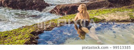 Young woman tourist on Pantai Tegal Wangi Beach sitting in a bath of sea water, Bali Island, Indonesia. Bali Travel Concept BANNER, LONG FORMAT Young woman tourist on Pantai Tegal Wangi Beach sitting in a bath of sea water, Bali Island, Indonesia. Bali Travel Concept BANNER, LONG FORMAT 99513385