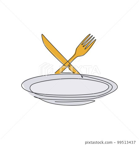 Single continuous line drawing of stylized empty plate fork and knife logo label. Luxury restaurant emblem art concept. Modern one line draw design vector graphic illustration for cafe shop 99513437