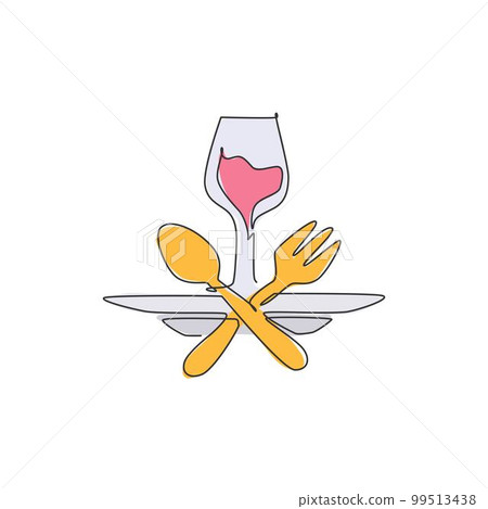 One continuous line drawing of fresh drink on glass for restaurant logo emblem. Fast food cafe shop logotype template art concept. Modern single line draw design vector graphic illustration One continuous line drawing of fresh drink on glass for restaurant logo emblem. Fast food cafe shop logotype template art concept. Modern single line draw design vector graphic illustration 99513438