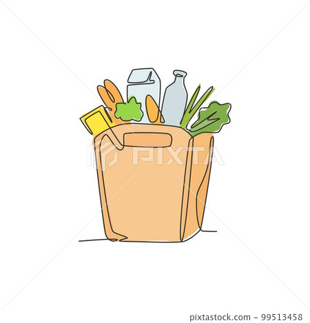 One single line drawing of fresh vegetables, milk, lettuce, carrot and bread vector graphic illustration. Daily staple food badge concept. Modern continuous line draw grocery store design 99513458