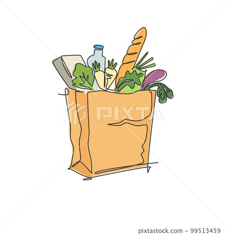 One continuous line drawing of fresh delicious vegetables, milk, baguette, and bread inside paper grocery bag. Staple food concept. Modern single line draw design vector graphic illustration 99513459