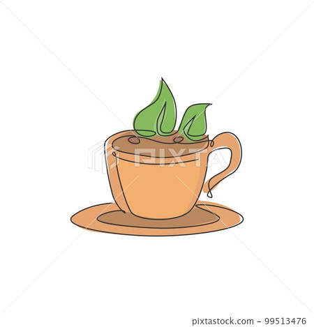 One continuous line drawing of fresh hot cup of tea with green natural tea leaves logo emblem. Beverage store and cafe logotype template concept. Modern single line draw design vector illustration One continuous line drawing of fresh hot cup of tea with green natural tea leaves logo emblem. Beverage store and cafe logotype template concept. Modern single line draw design vector illustration 99513476