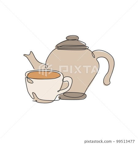 Single continuous line drawing of stylized clay ceramic teapot and porcelain cup of tea. Emblem beverage store concept. Modern one line draw design vector graphic illustration for cafe and drink shop Single continuous line drawing of stylized clay ceramic teapot and porcelain cup of tea. Emblem beverage store concept. Modern one line draw design vector graphic illustration for cafe and drink shop 99513477