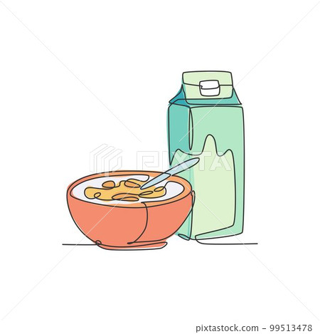 One continuous line drawing of fresh delicious cereal breakfast and milk with gable top carton box. Healthy natural food. Modern single line draw design organic food vector graphic illustration One continuous line drawing of fresh delicious cereal breakfast and milk with gable top carton box. Healthy natural food. Modern single line draw design organic food vector graphic illustration 99513478