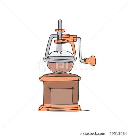 One single line drawing of manual handy wooden vintage coffee beans grinder logo vector illustration. Old classic coffee mill badge concept. Modern continuous line draw design beverage store logotype One single line drawing of manual handy wooden vintage coffee beans grinder logo vector illustration. Old classic coffee mill badge concept. Modern continuous line draw design beverage store logotype 99513484