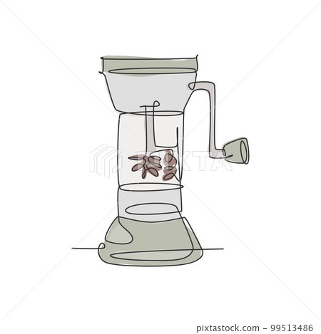 Single continuous line drawing of stylized manual handy wooden coffee beans grinder logo label. Emblem coffee shop concept. Vintage one line draw design vector illustration for cafe or beverage store Single continuous line drawing of stylized manual handy wooden coffee beans grinder logo label. Emblem coffee shop concept. Vintage one line draw design vector illustration for cafe or beverage store 99513486