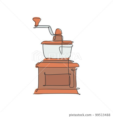 One continuous line drawing of manual handy wooden coffee beans grinder logo emblem. Old vintage classic coffee shop logotype template concept. Modern style single line draw design vector illustration One continuous line drawing of manual handy wooden coffee beans grinder logo emblem. Old vintage classic coffee shop logotype template concept. Modern style single line draw design vector illustration 99513488