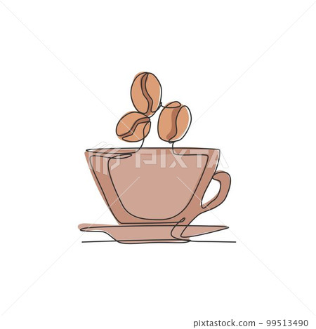 One single line drawing of fresh aromatic black coffee with beans logo vector illustration. Coffee shop menu and restaurant badge concept. Modern continuous line draw design street drink logotype One single line drawing of fresh aromatic black coffee with beans logo vector illustration. Coffee shop menu and restaurant badge concept. Modern continuous line draw design street drink logotype 99513490