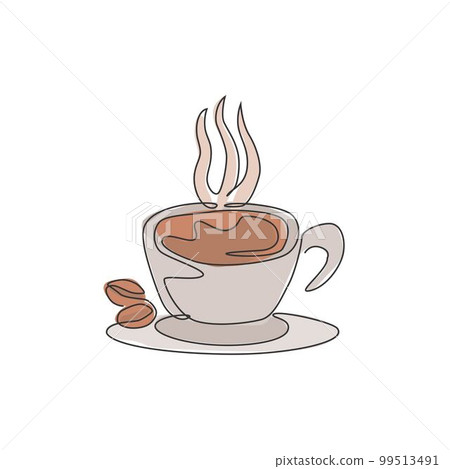 One continuous line drawing of fresh aromatic espresso cup of coffee logo emblem. Beverage coffee shop logotype template concept. Modern single line draw design cafe drink store vector illustration 99513491