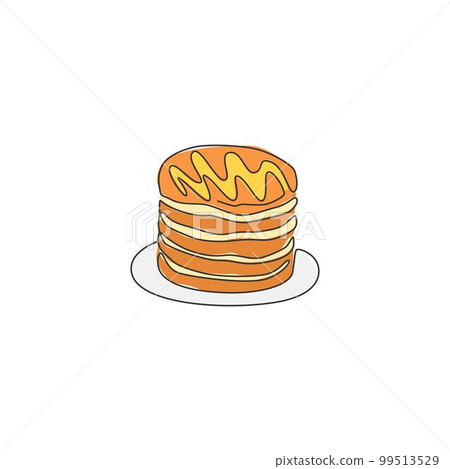 One continuous line drawing of fresh delicious American pancake piled restaurant logo emblem. Breakfast food cafe shop logotype template concept. Modern single line draw design vector illustration One continuous line drawing of fresh delicious American pancake piled restaurant logo emblem. Breakfast food cafe shop logotype template concept. Modern single line draw design vector illustration 99513529