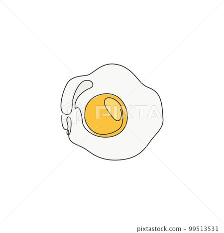 Single continuous line drawing of stylized sunny side up egg logo label. Emblem food restaurant concept. Modern one line draw design vector graphic illustration for cafe, shop or food delivery service Single continuous line drawing of stylized sunny side up egg logo label. Emblem food restaurant concept. Modern one line draw design vector graphic illustration for cafe, shop or food delivery service 99513531