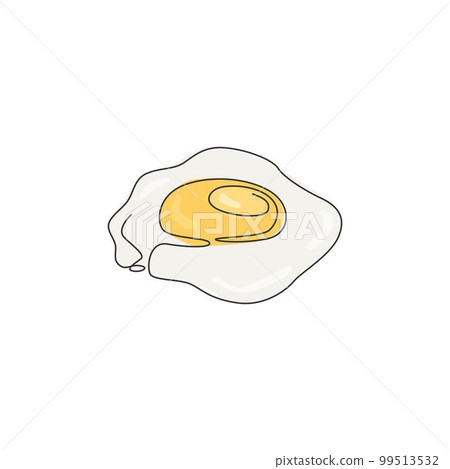 Single continuous line drawing of stylized healthy sunny side up egg logo label. Emblem food restaurant concept. Modern one line draw design vector illustration for cafe, shop or food delivery service Single continuous line drawing of stylized healthy sunny side up egg logo label. Emblem food restaurant concept. Modern one line draw design vector illustration for cafe, shop or food delivery service 99513532