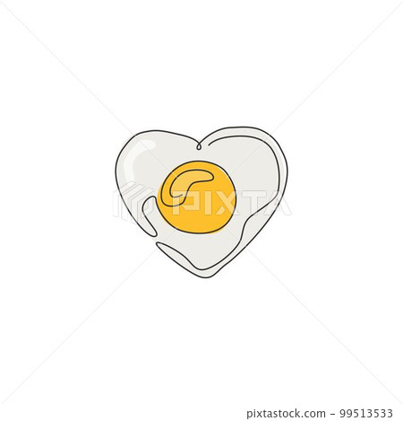 One single line drawing of fresh sunny side up egg with love shape logo vector illustration. Breakfast food cafe menu and restaurant badge concept. Modern continuous line draw design food logotype 99513533