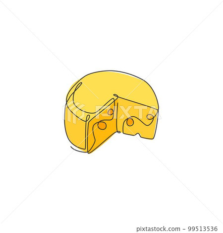 One single line drawing of fresh sliced round French cheese logo vector graphic illustration. Grocery store and cake shop badge concept. Modern continuous line draw design street food logotype One single line drawing of fresh sliced round French cheese logo vector graphic illustration. Grocery store and cake shop badge concept. Modern continuous line draw design street food logotype 99513536