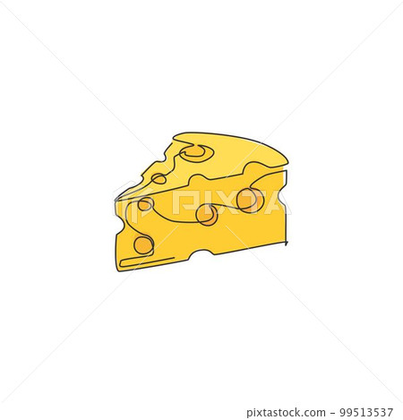 One continuous line drawing of fresh delicious Italian holed cheese shop logo emblem. Online dairy food store logotype template concept. Modern single line draw design graphic vector illustration 99513537