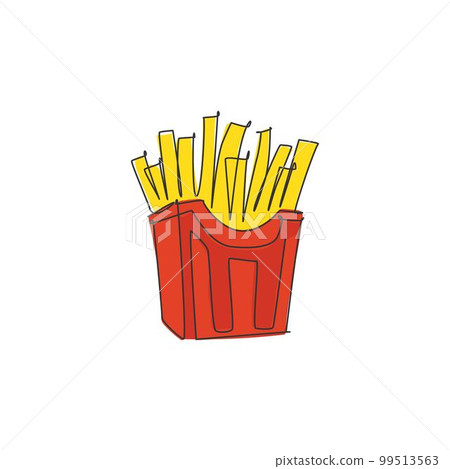 One continuous line drawing of fresh delicious American french fries restaurant logo emblem. Boxed fast food cafe shop logotype template concept. Modern single line draw design vector illustration One continuous line drawing of fresh delicious American french fries restaurant logo emblem. Boxed fast food cafe shop logotype template concept. Modern single line draw design vector illustration 99513563