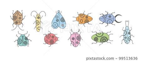 Set of colorful steampunk insects with cogwheels, gears. Vector illustration for stickers. 99513636