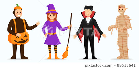 Halloween character vector set. Kids cartoon wearing Halloween costumes 99513641