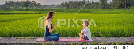 Boy and his yoga teacher doing yoga in a rice field BANNER, LONG FORMAT Boy and his yoga teacher doing yoga in a rice field BANNER, LONG FORMAT 99513643