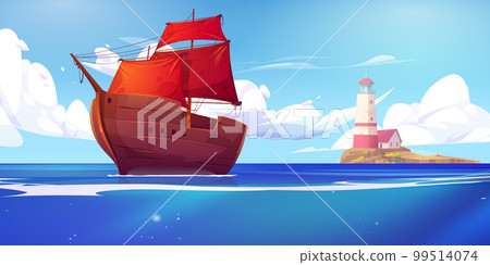Sea landscape with lighthouse on island and ship 99514074