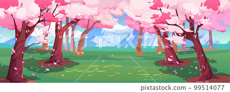 Japanese sakura trees and white mountains Japanese sakura trees and white mountains 99514077