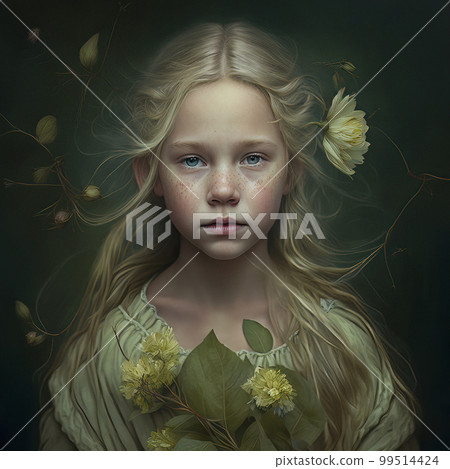 Digital Art Portrait of a Young Nordic Girl with a Flower in Her Hair, and a Pale Green Dress Digital Art Portrait of a Young Nordic Girl with a Flower in Her Hair, and a Pale Green Dress 99514424